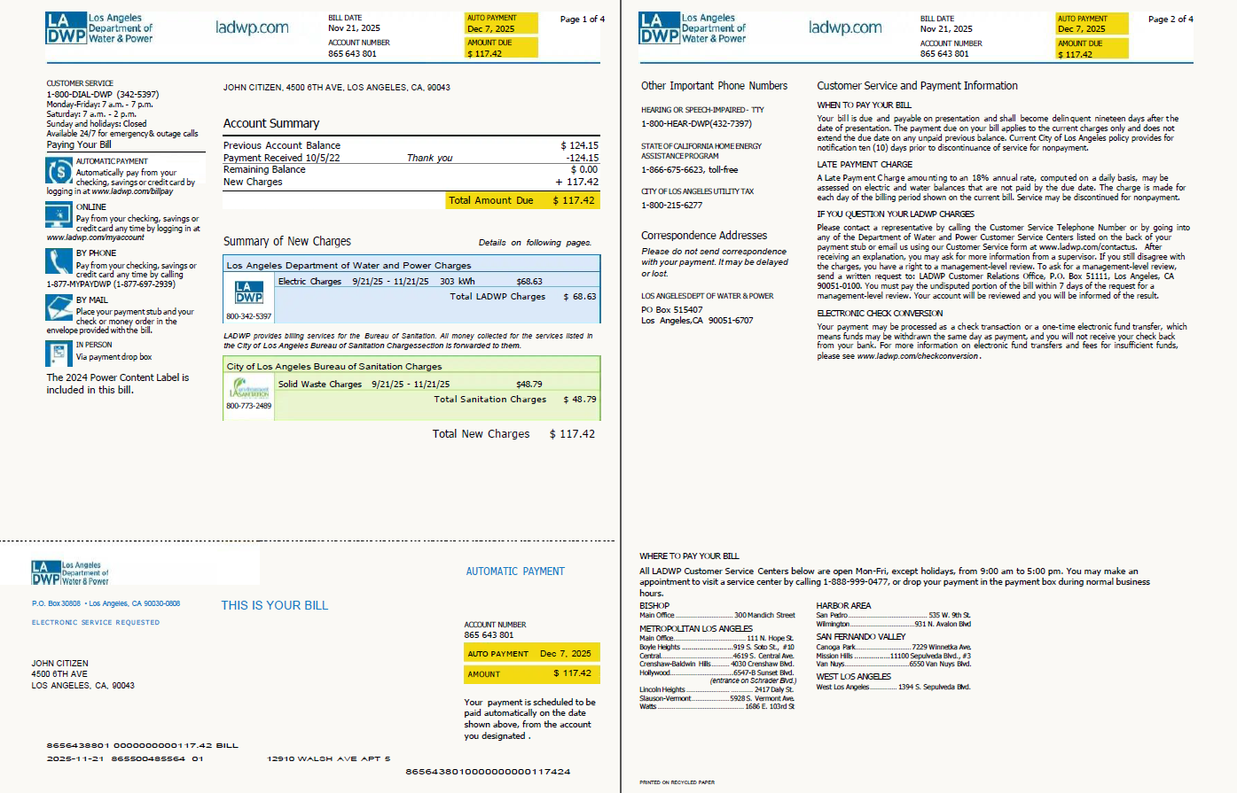 USA LA DWP utility bill template in Word and PDF formats, 4 pages, version 2, 1 2 pages